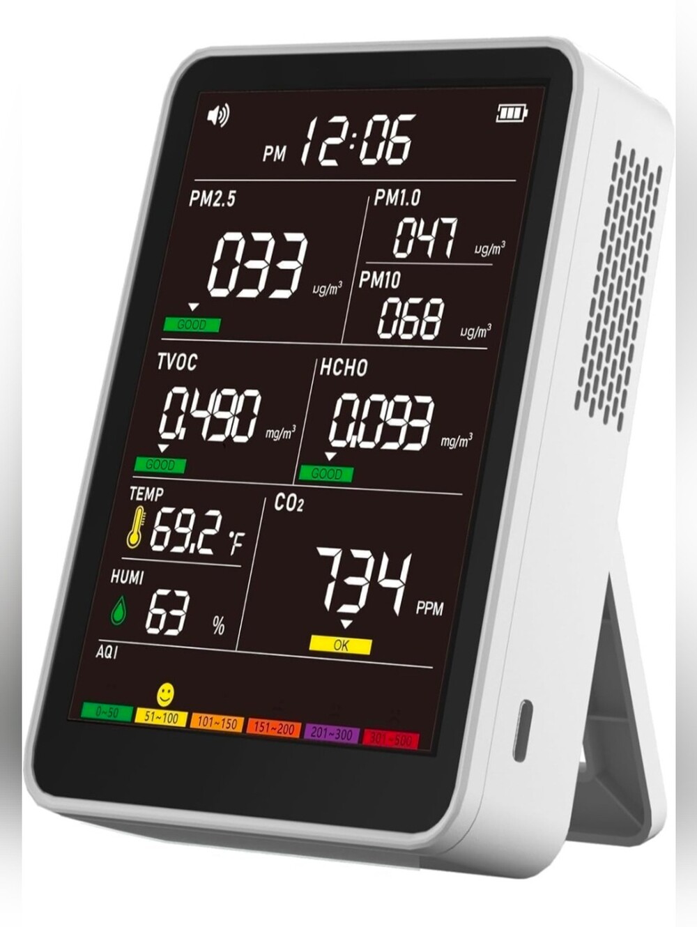 Indoor Air Quality Monitor with AQI Alerts, Portable Real-Time Detector